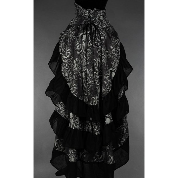 New Victorian Gothic Steampunk Cinched Bustle Ruffle Skirt Kraken Octopus - Picture 2 of 5